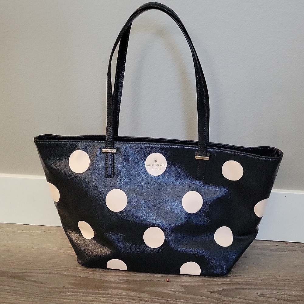 Kate Spade Navy Blue With White Polka Dots Tote Bag.